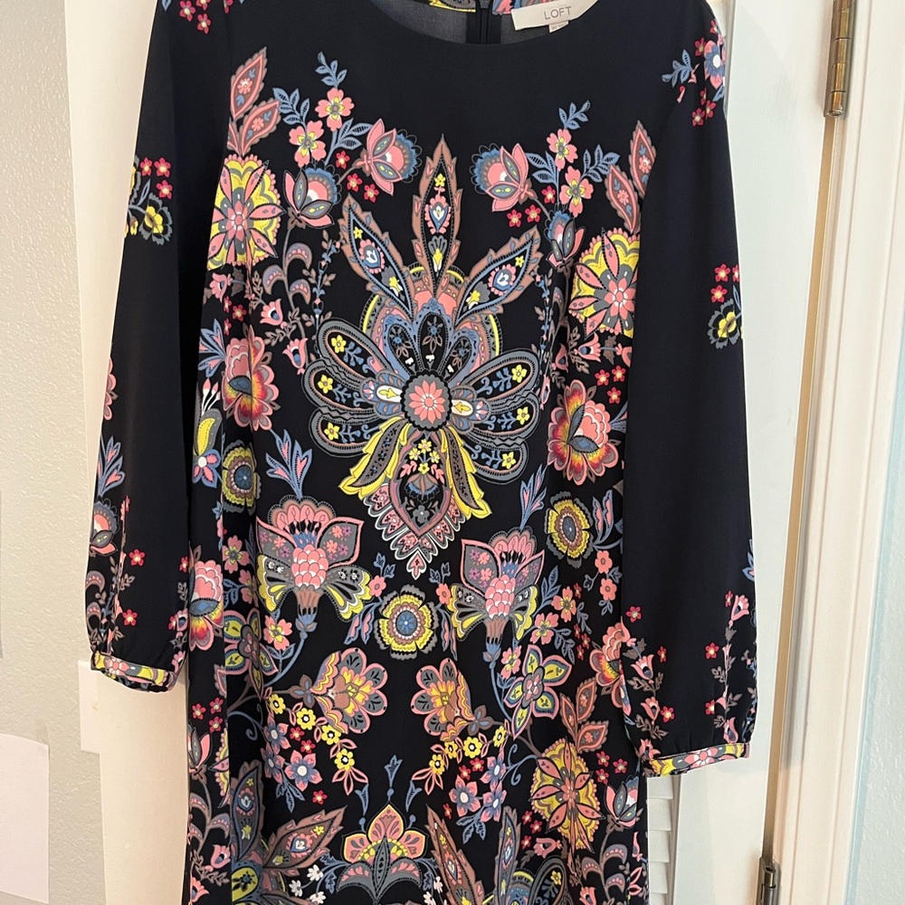 LOFT Navy Floral Paisley Long Sleeve Dress with Pink & Yellow Accents - Picture 2 of 4